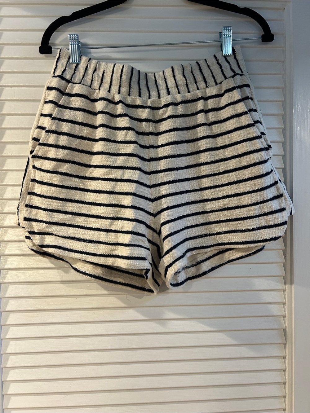 French Terry Black & White Striped Knit Drawstring Shorts